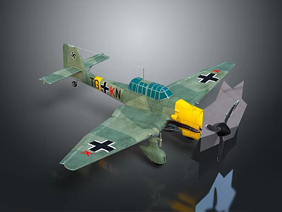 Vintage Green Fighter Aircraft With German Cross Insignia Yellow Engine And Propeller 3d model