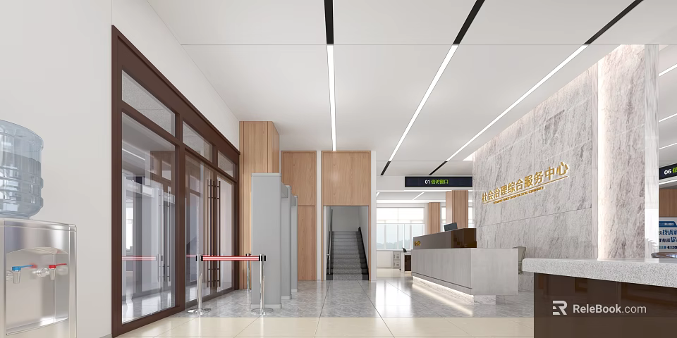 Modern Service Hall Interior With Marble Reception Desk Wooden Walls Glass Doors And Signage 3d model 