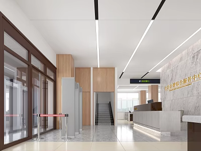 Modern Service Hall Interior With Marble Reception Desk Wooden Walls Glass Doors And Signage 3d model