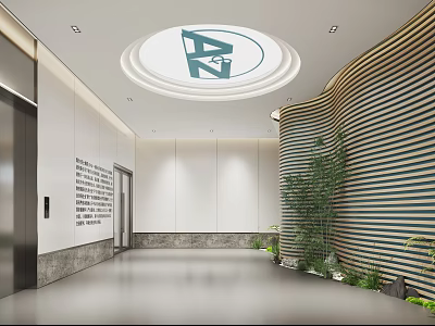 Contemporary Lobby Interior With Circular Logo Ceiling And Wooden Striped Wall 3d model
