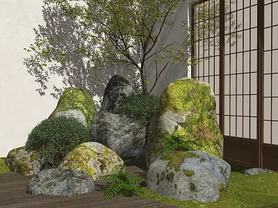 Japanese Garden Ornament with Moss Covered Rocks Small Tree Ferns Wooden Deck and Shoji Screen 3d model
