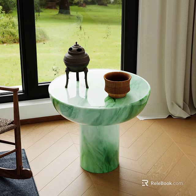 Green Marble Side Table with Round Tabletop and Black Covered Container Brown Clay Pot 3d model