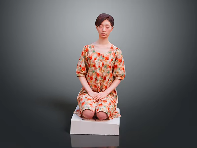 Child Sitting On White Block Wearing Floral Dress Against Gray Background 3d model