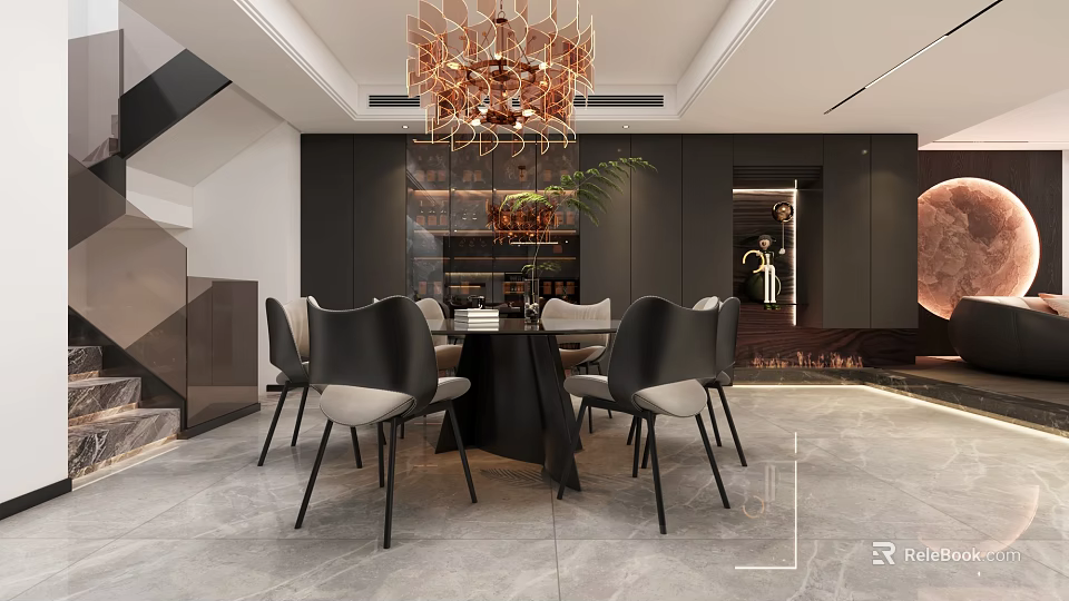 Modern Elegant Restaurant Interior With Black Dining Table Black Chairs Gold Chandelier And Wine Cabinet 3d model 