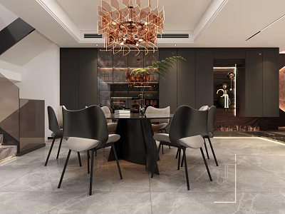 Modern Elegant Restaurant Interior With Black Dining Table Black Chairs Gold Chandelier And Wine Cabinet 3d model