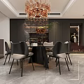 Modern Elegant Restaurant Interior With Black Dining Table Black Chairs Gold Chandelier And Wine Cabinet