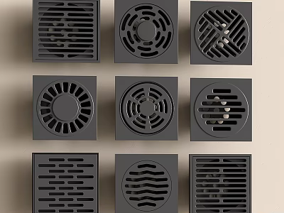 Modern Bathroom Accessories Black Floor Drains with Various Pattern Designs 3d model