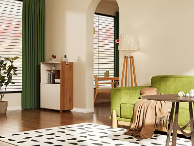 Cozy Living Dining Room Interior With Green Sofa Curtains Black White Rug And Wooden Floor 3d model