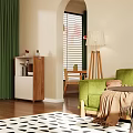 Cozy Living Dining Room Interior With Green Sofa Curtains Black White Rug And Wooden Floor