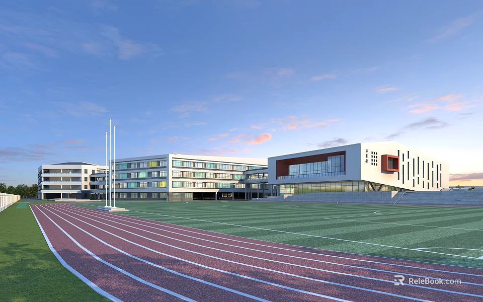 Modern School Building Complex With Sports Field Running Track And Green Lawn 3d model 