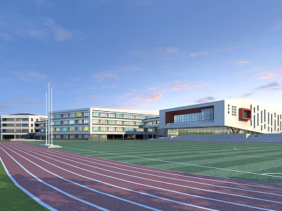 Modern School Building Complex With Sports Field Running Track And Green Lawn 3d model
