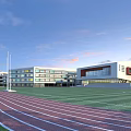 Modern School Building Complex With Sports Field Running Track And Green Lawn