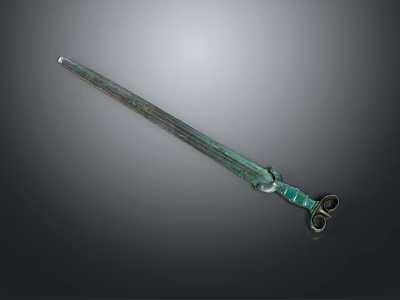 Ancient Bronze Sword With Long Blade Rusty Surface And Decorative Hilt Rings 3d model