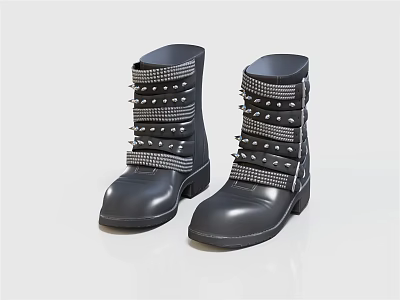 Stylish Black Leather Boots With Decorative Metal Studs And Strappy Design Details 3d model