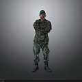Military Soldier In Camouflage Uniform With Green Cap Standing Arms Crossed On Gray Background