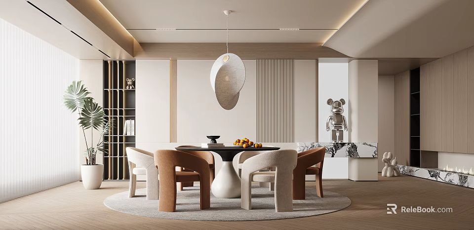 Modern Restaurant Interior With Round Dining Table Pendant Light Beige Brown Chairs And Green Plant 3d model 