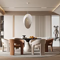 Modern Restaurant Interior With Round Dining Table Pendant Light Beige Brown Chairs And Green Plant