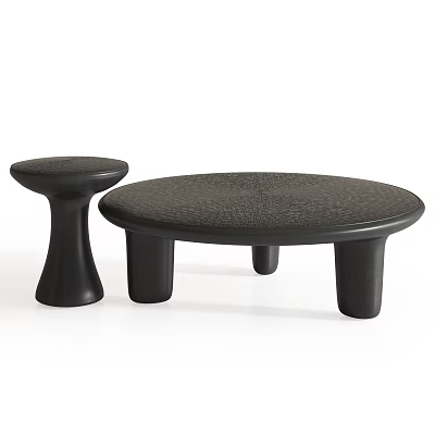 Round Modern Coffee Table With Textured Surface And Small Stool 3d model