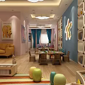 Children's Training Center Front Desk With Pink Walls Marble Countertop And Bookshelves