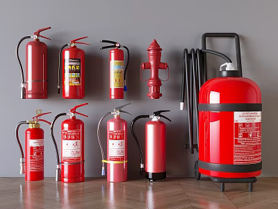 Various Red Fire Fighting Equipment Display Featuring Extinguishers Hydrants And Hoses 3d model