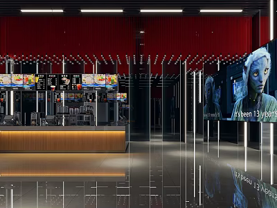 Luxury Hotel Lobby Interior With Reception Desk Red Curtains Digital Screens And Modern Lighting 3d model