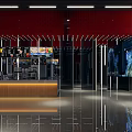 Luxury Hotel Lobby Interior With Reception Desk Red Curtains Digital Screens And Modern Lighting