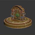 Architectural Model with Arched Wooden Door Ornate Carvings on Circular Stone Base