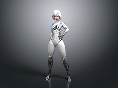 Futuristic Female Character With Silver Hair In White Bodysuit Standing Pose Gray Gradient Background 3d model