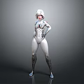 Futuristic Female Character With Silver Hair In White Bodysuit Standing Pose Gray Gradient Background
