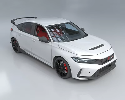 White Sporty Car With Rear Spoiler Red Interior Black Wheels And Red Brake Calipers 3d model