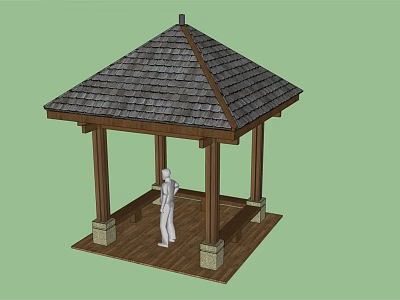 Outdoor Wooden Gazebo With Triangular Roof Columns And Person Inside 3d model
