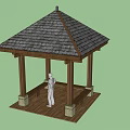 Outdoor Wooden Gazebo With Triangular Roof Columns And Person Inside