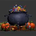 Decorative Ornament Set Featuring Black Cauldron Colorful Candies Orange Pumpkins And Green Grass Base