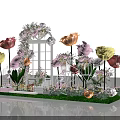 Floral Installation Featuring Decorative Door Large Colorful Flowers Bicycle Stand Caged Decorations And Grass Base