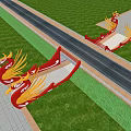 Red and Gold Winged Dragon Shaped Sculptures Along Roadside With Green Grass and Paved Areas