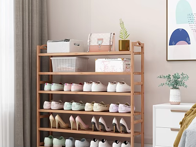 Wooden Multi Tier Shoe Rack With Various Shoes Handbag And Decorative Items 3d model