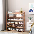 Wooden Multi Tier Shoe Rack With Various Shoes Handbag And Decorative Items