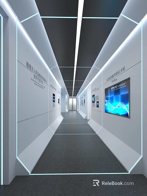 Modern Office Corridor With Sleek Design Wall Displays Digital Screens And LED Lighting 3d model 