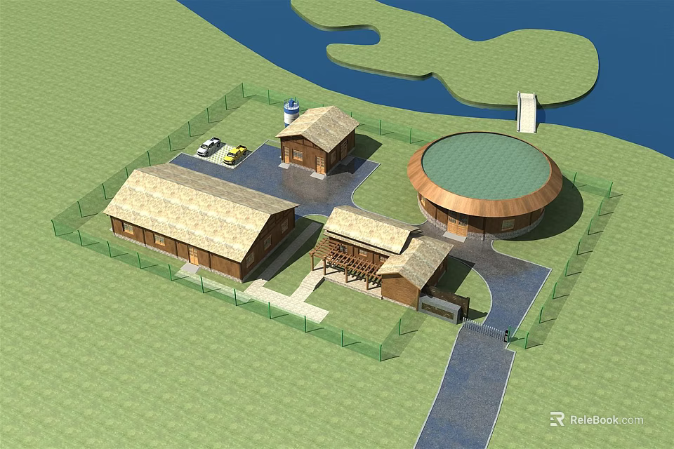Modern Residential Complex With Dome Building Fenced Area Water Body Road And Parking 3d model 