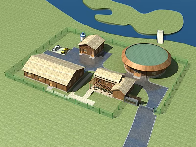 Modern Residential Complex With Dome Building Fenced Area Water Body Road And Parking 3d model