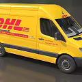 Yellow Mercedes Benz DHL Delivery Van Featuring Red Logo On Side Exterior