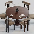Round Dark Wood Dining Table Set with Six Beige Fabric Chairs and Vase