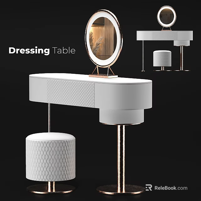 Elegant Modern Dressing Table Design With Round Mirror And White Stool 3d model 