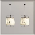 Two Pendant Lights with Metal Frame and White Lampshade Hanging on Gray Background