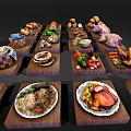 Raw Chicken and Various Food Items Displayed on Wooden Trays