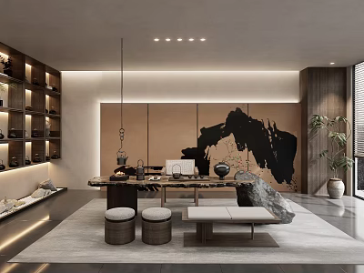 Traditional Chinese Teahouse Interior With Wooden Shelves Stone Tea Table Ink Painting And Comfortable Seats 3d model
