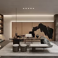 Traditional Chinese Teahouse Interior With Wooden Shelves Stone Tea Table Ink Painting And Comfortable Seats