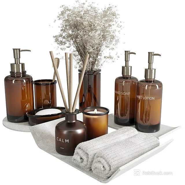 Stylish Daily Washing Essentials With Brown Bottles Reed Diffusers Candles And Towel On Tray 3d model 