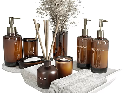 Stylish Daily Washing Essentials With Brown Bottles Reed Diffusers Candles And Towel On Tray 3d model