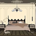 Elegant Bedroom Interior With Ornate Ceiling Decoration Chandelier Wooden Wardrobe And Black White Rug